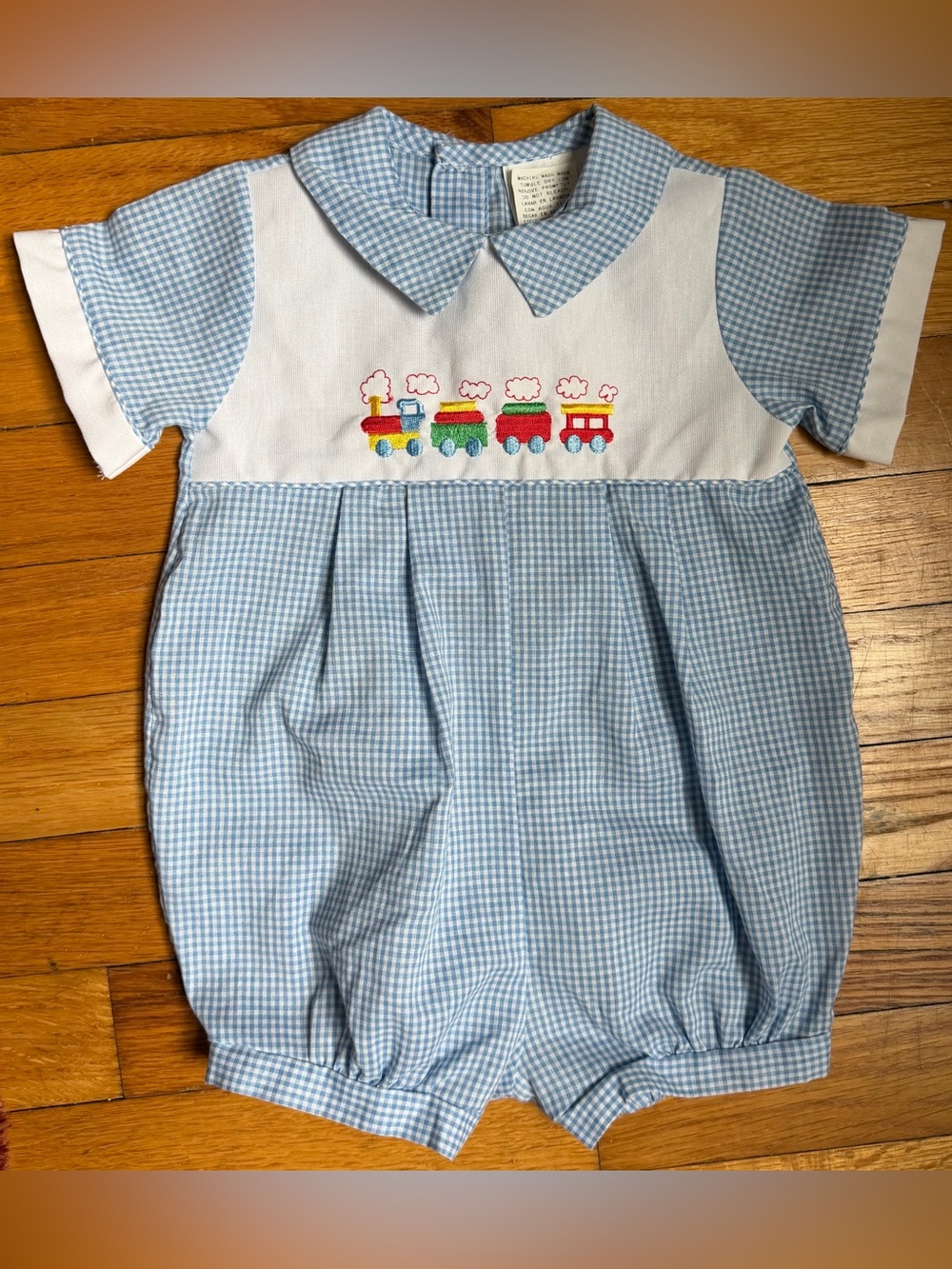Vintage Embroidered Train Baby Boy Gingham Bubble Size 9 mo.